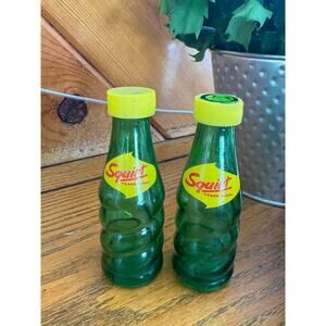 Vintage Squirt Soda Bottle Salt & Pepper Shakers Green Glass Pair